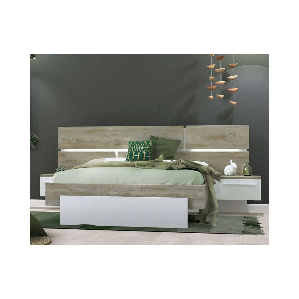 Tousmesmeubles Cadre + Tête De Lit 160*200 + Chevets Chêne Délavé/Blanc Mat - FLO... 3 Tousmesmeubles Cadre + Tête De Lit 160*200 + Chevets Chêne Délavé/Blanc Mat - FLO...