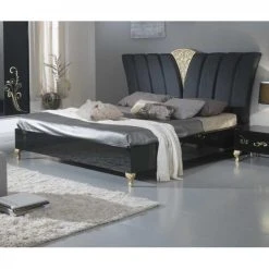 Dansmamaison Cadre De Lit + Tête De Lit 160x200 Laque Noir Brillant / Or - SEBORGA...