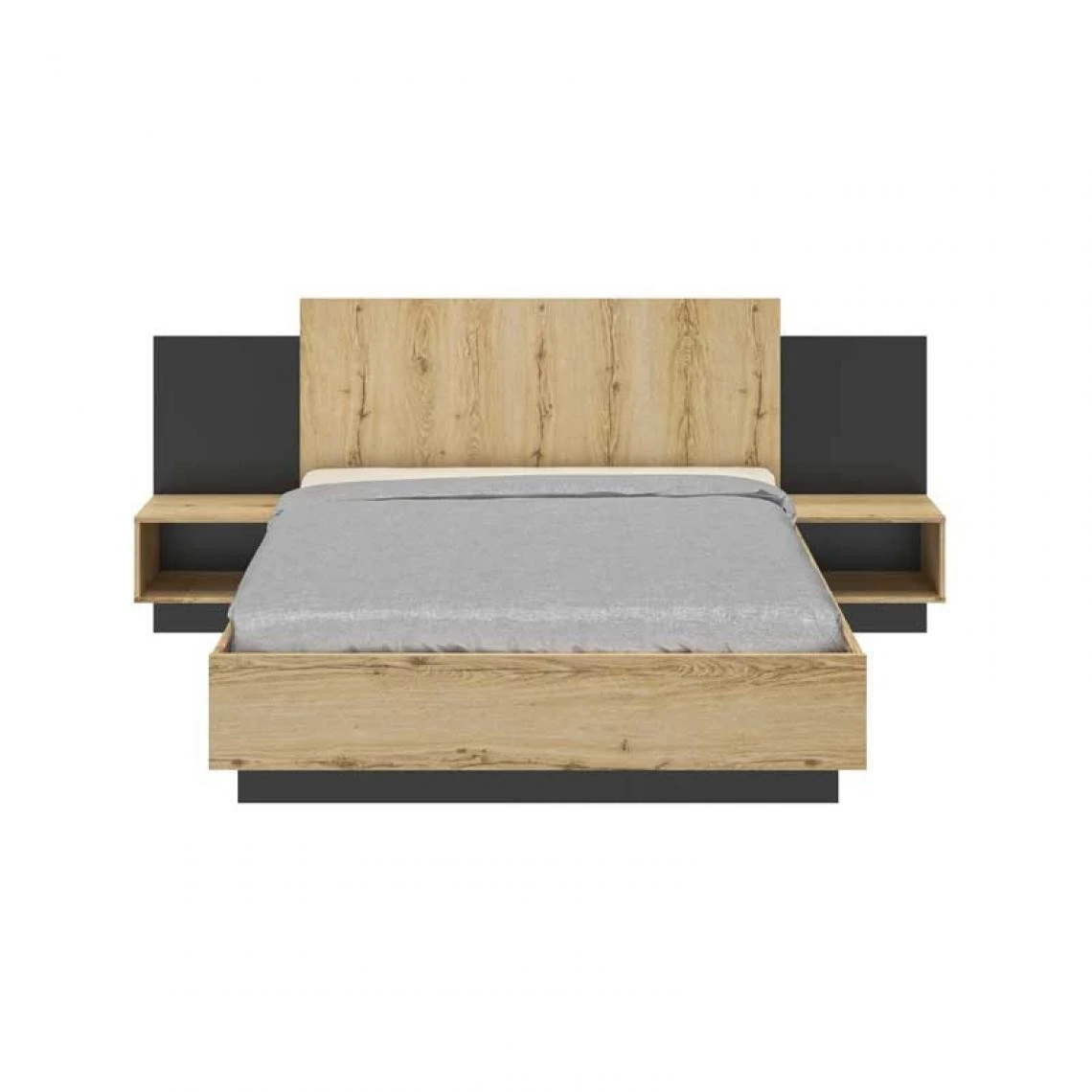 Tousmesmeubles Cadre + Tête De Lit 140*190 + Chevets Chêne/Noir - FIP 3 Tousmesmeubles Cadre + Tête De Lit 140*190 + Chevets Chêne/Noir - FIP