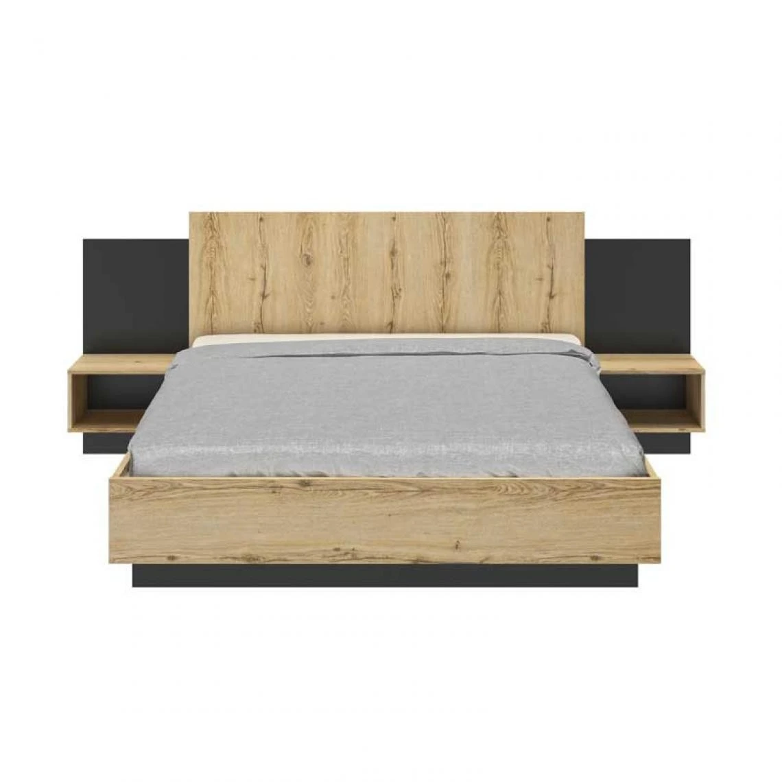 Tousmesmeubles Cadre + Tête De Lit 160*200 + Chevets Chêne/Noir - FIP 3 Tousmesmeubles Cadre + Tête De Lit 160*200 + Chevets Chêne/Noir - FIP