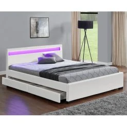 CONCEPT USINE Lit Enfield Blanc - Tête De Lit LED Et Rangement 4 Tiroirs