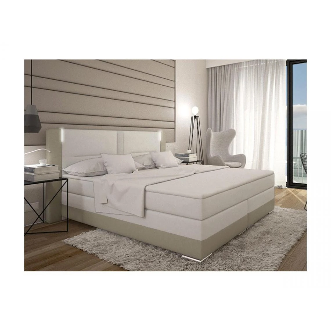 Vente-unique Ensemble Boxspring Complet Tête De Lit Avec Leds + Sommiers + Matelas... 3 Vente-unique Ensemble Boxspring Complet Tête De Lit Avec Leds + Sommiers + Matelas...