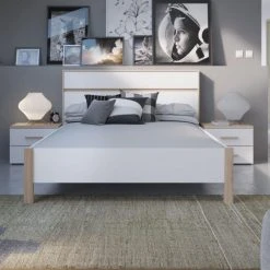 Dansmamaison Lit 140x190 Blanc/Chêne Brossé - STAYA - L 148 X L 207 X H 98 Cm -Talamo Magasin lit 140x190 blancchene brosse staya l 148 x l 207 x h 98 cm 10346208 26744730 1140x1140