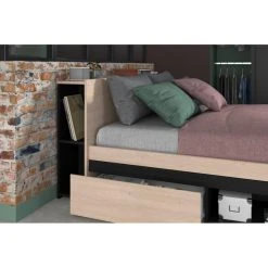 BUT Lit 140x190 Cm Avec 2 Tiroirs Et Tête De Lit Avec Rangements LODGE Im... -Talamo Magasin lit 140x190 cm avec 2 tiroirs et tete de lit avec rangements lodge imitation chene et noir 13731284 37888638 1140x1140