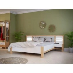 Linea Natura Lit 160x200 Cm Chevets Et LED Intégrés OMBRONE Blanc Et Imitation Ch... -Talamo Magasin lit 160x200 cm chevets et led integres ombrone blanc et imitation chene 13081308 35532134 1140x1140