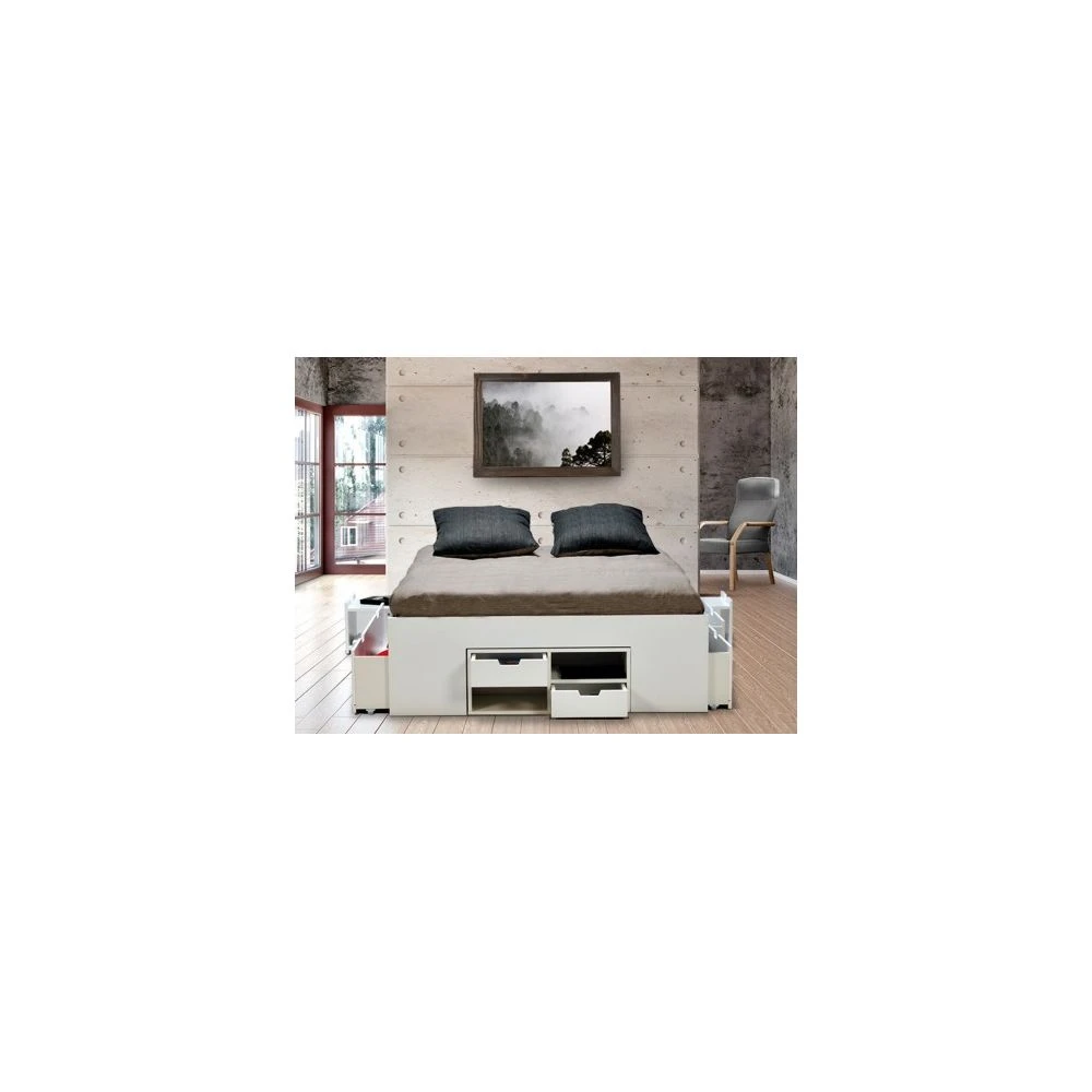 Le Quai Des Affaires Lit Double JAZZ 140x190 7 Tiroirs + 2 Chevets / Blanc 4 Le Quai Des Affaires Lit Double JAZZ 140x190 7 Tiroirs + 2 Chevets / Blanc – Image 2