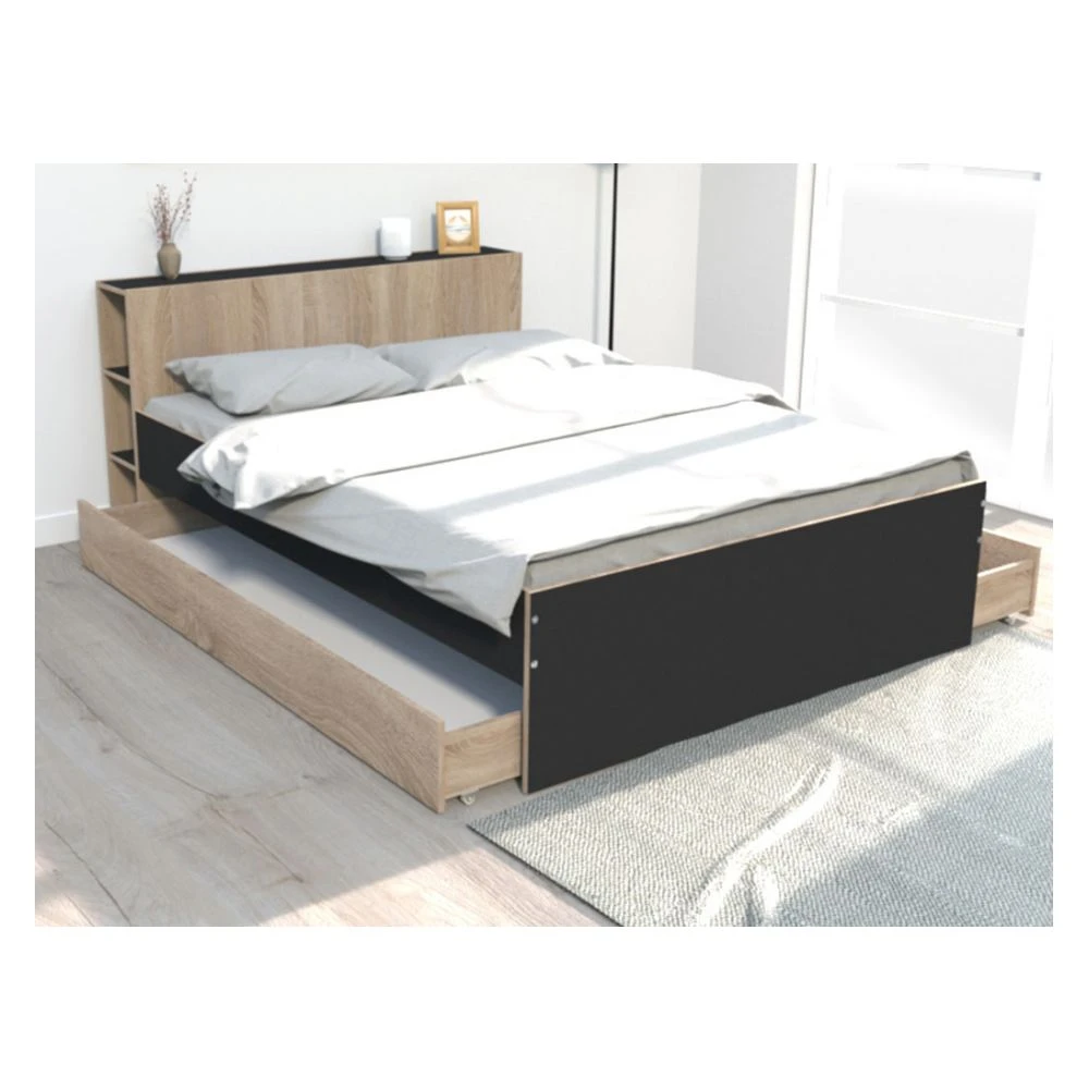 Le Quai Des Affaires Lit RIGA 140x190cm + Tête De Lit + 2 Tiroirs / Noir Et Chêne Blanchi 6 Le Quai Des Affaires Lit RIGA 140x190cm + Tête De Lit + 2 Tiroirs / Noir Et Chêne Blanchi – Image 4