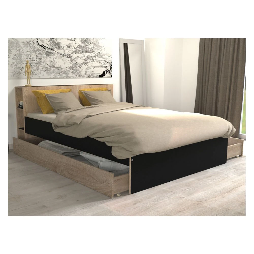 Le Quai Des Affaires Lit RIGA 140x190cm + Tête De Lit + 2 Tiroirs / Noir Et Chêne Blanchi 4 Le Quai Des Affaires Lit RIGA 140x190cm + Tête De Lit + 2 Tiroirs / Noir Et Chêne Blanchi – Image 2