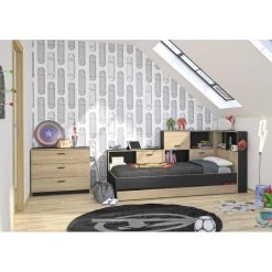 BUT Lit 90x200 Cm ERWAN Avec Rangements Imitation Chêne Et Noir -Talamo Magasin lit 90x200 cm tonight avec rangements imitation chene et noir 12037516 31902340 1140x1140