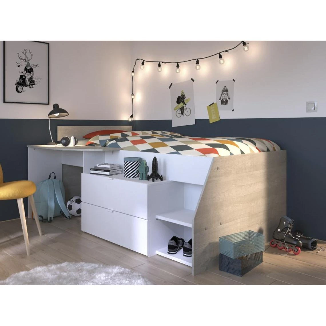 Vente-unique Lit Avec Bureau Et Rangements - 90 X 200 Cm - Blanc Et Naturel + Sommi... 4 Vente-unique Lit Avec Bureau Et Rangements - 90 X 200 Cm - Blanc Et Naturel + Sommi... – Image 2