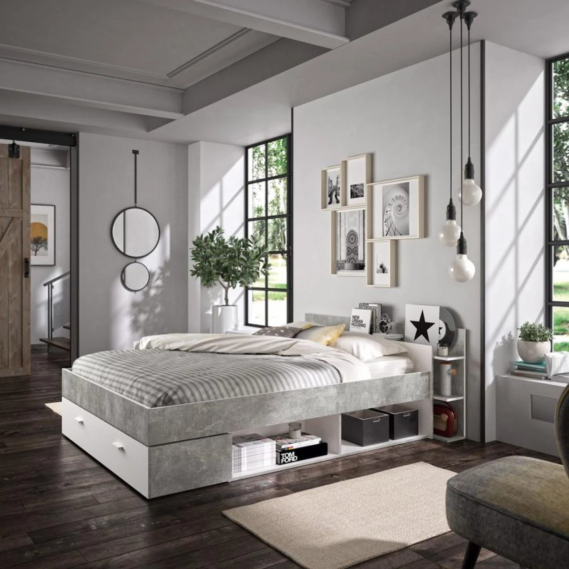 BUT Lit 140x190 Cm Avec Rangements TONIGHT Blanc Et Béton 4 BUT Lit 140x190 Cm Avec Rangements TONIGHT Blanc Et Béton – Image 2