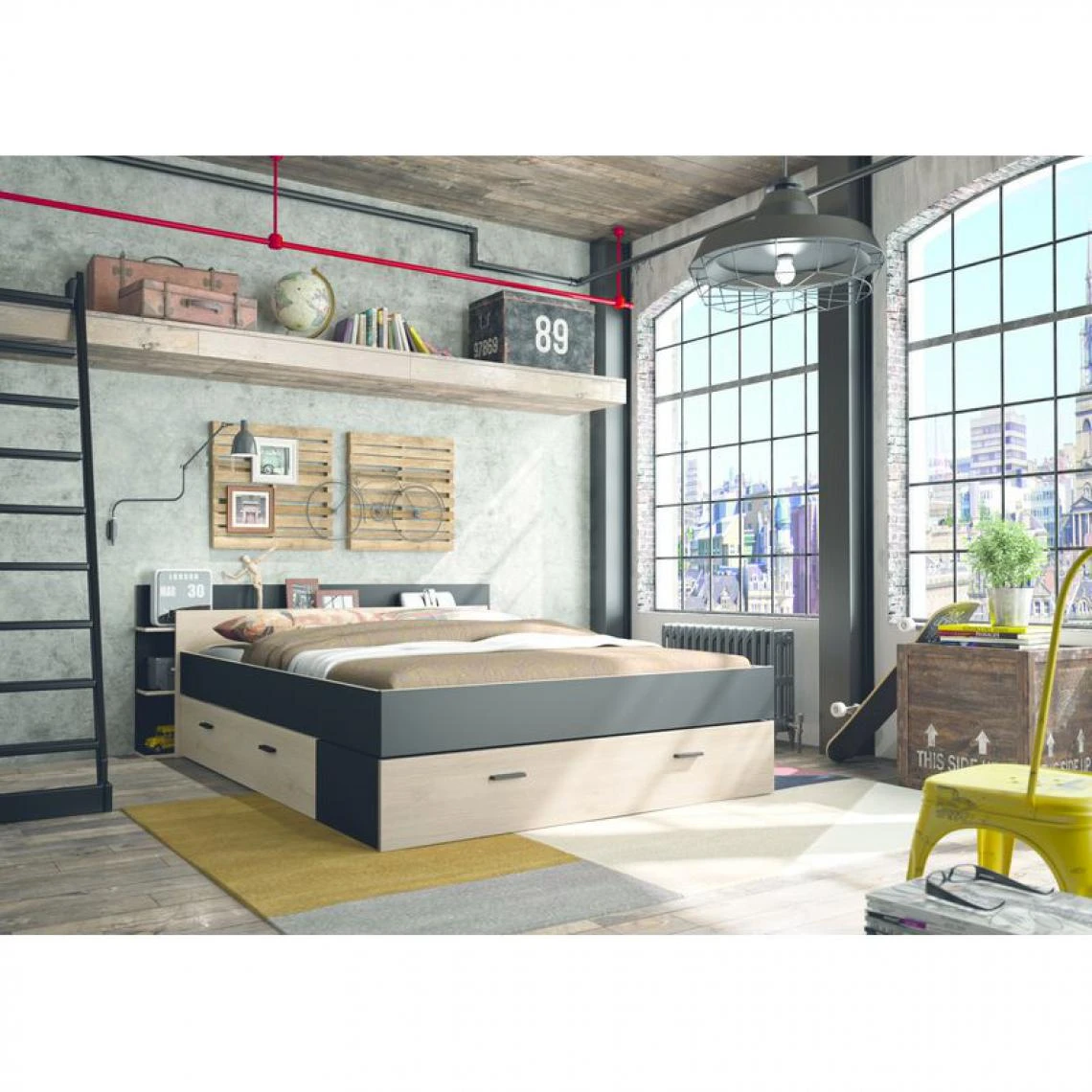 BUT Lit Avec Rangements 160x200 Cm TONIGHT Imitation Chêne Et Noir 4 BUT Lit Avec Rangements 160x200 Cm TONIGHT Imitation Chêne Et Noir – Image 2