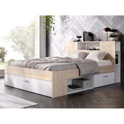 Vente-unique Lit Avec Tête De Lit Rangements Et Tiroirs - 160 X 200 Cm - Coloris :... -Talamo Magasin lit avec tete de lit rangements et tiroirs 160 x 200 cm coloris naturel et blanc chevets leandre 14057354 39026544 1140x1140