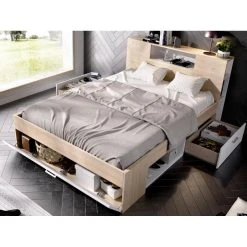 Vente-unique Lit Avec Tête De Lit Rangements Et Tiroirs - 160 X 200 Cm - Coloris :... -Talamo Magasin lit avec tete de lit rangements et tiroirs 160 x 200 cm coloris naturel et blanc chevets leandre 14057354 39026546 1140x1140