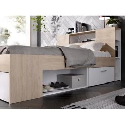 Vente-unique Lit Avec Tête De Lit Rangements Et Tiroirs - 160 X 200 Cm - Coloris :... -Talamo Magasin lit avec tete de lit rangements et tiroirs 160 x 200 cm coloris naturel et blanc chevets leandre 14057354 39026548 1140x1140