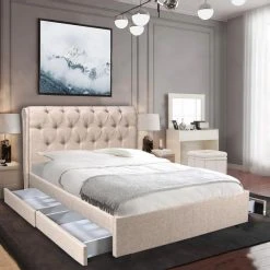 Le Quai Des Affaires Lit CHELSEA 140x190 + 4 Tiroirs + Sommier / Beige