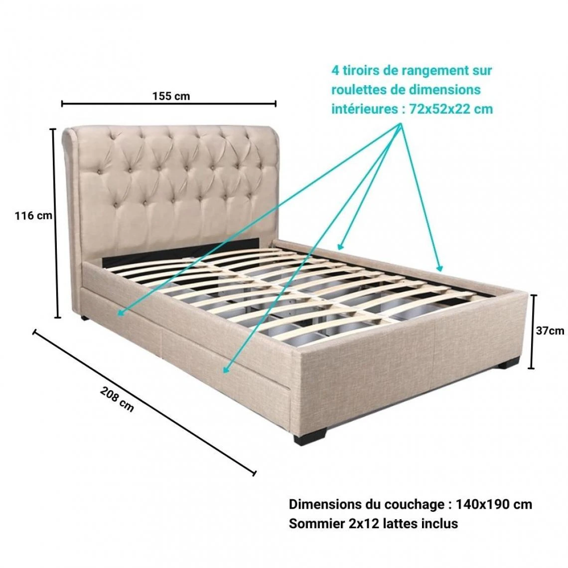 Le Quai Des Affaires Lit CHELSEA 140x190 + 4 Tiroirs + Sommier / Beige 6 Le Quai Des Affaires Lit CHELSEA 140x190 + 4 Tiroirs + Sommier / Beige – Image 4
