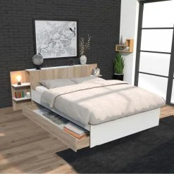 Le Quai Des Affaires Lit CITY 140x190 + Tête De Lit Chevet + 1 Maxi Tiroir / Blanc & Chê...