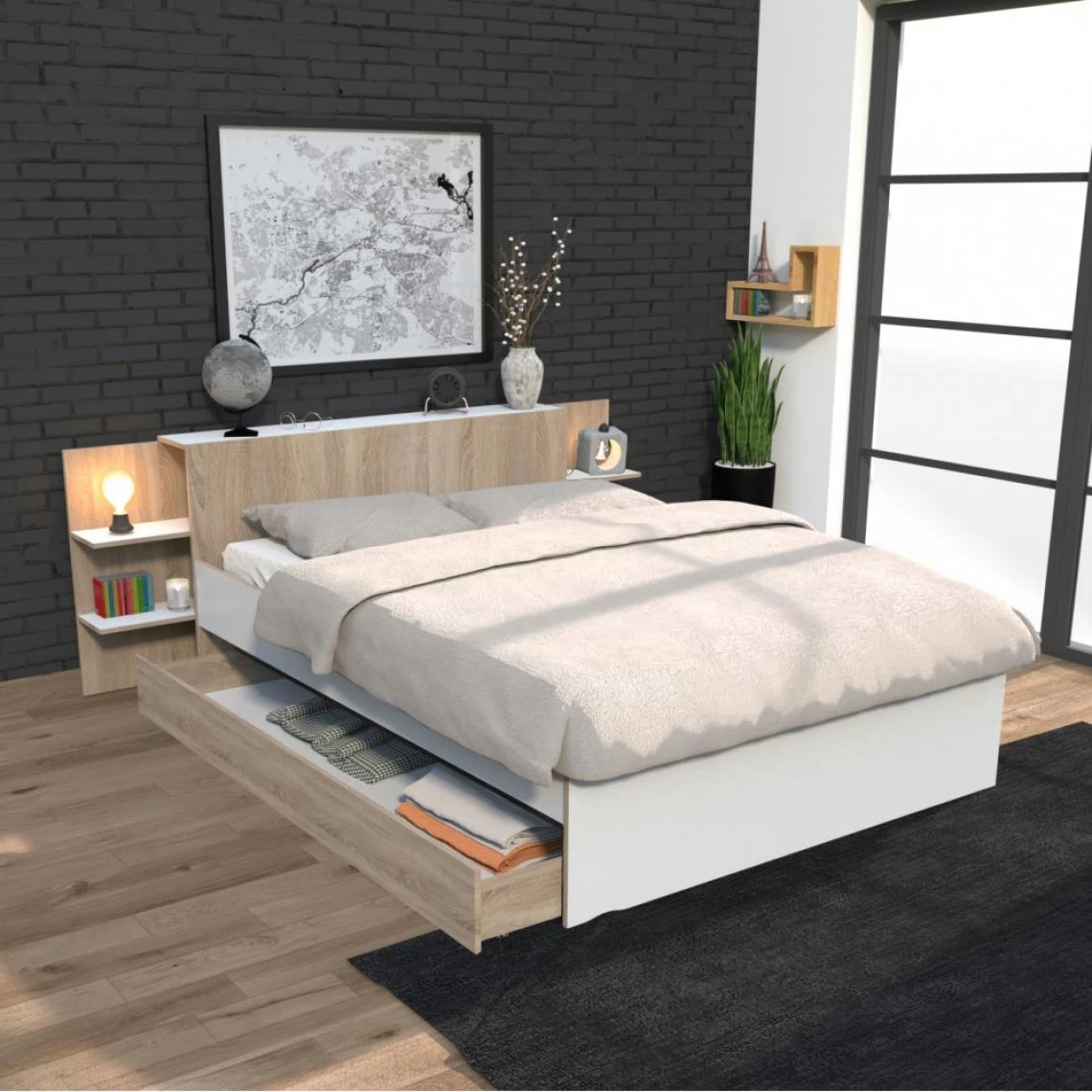 Le Quai Des Affaires Lit CITY 140x190 + Tête De Lit Chevet + 1 Maxi Tiroir / Blanc & Chê... 3 Le Quai Des Affaires Lit CITY 140x190 + Tête De Lit Chevet + 1 Maxi Tiroir / Blanc & Chê...