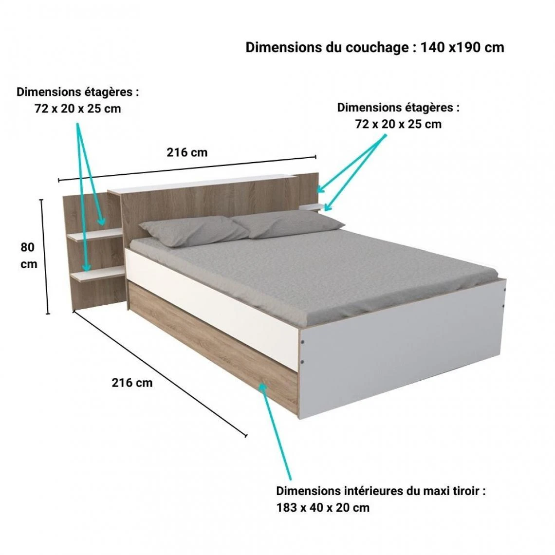 Le Quai Des Affaires Lit CITY 140x190 + Tête De Lit Chevet + 1 Maxi Tiroir / Blanc & Chê... 6 Le Quai Des Affaires Lit CITY 140x190 + Tête De Lit Chevet + 1 Maxi Tiroir / Blanc & Chê... – Image 4