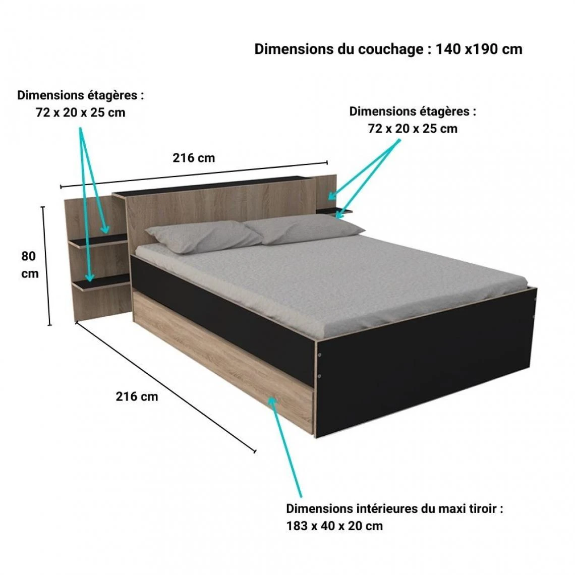 Le Quai Des Affaires Lit CITY 140x190 + Tête De Lit Chevet+ 1 Maxi Tiroir / Noir & Chêne ... 6 Le Quai Des Affaires Lit CITY 140x190 + Tête De Lit Chevet+ 1 Maxi Tiroir / Noir & Chêne ... – Image 4
