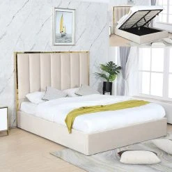 Meubler Design Lit Coffe Effet Laiton Et Velours Maria - Gris - 180x200