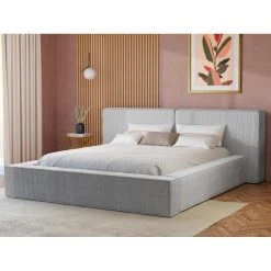 Vente-unique Lit Coffre 180 X 200 Cm - Velours Côtelé - Gris Clair - TIMANO