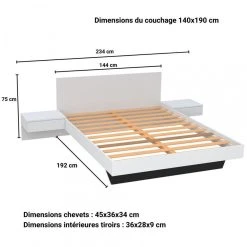 Le Quai Des Affaires Lit COOL 140x190 Cm + 2 Chevets + Sommier / Blanc -Talamo Magasin lit cool 140x190 cm 2 chevets sommier blanc 10453012 27058188 1140x1140