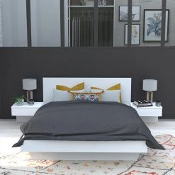 Le Quai Des Affaires Lit COOL 140x190 Cm + 2 Chevets + Sommier / Blanc -Talamo Magasin lit cool 140x190 cm 2 chevets sommier blanc 10453012 27058190 1140x1140