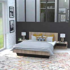 Le Quai Des Affaires Lit COOL 140x190 Cm + 2 Chevets + Sommier / Noir & Chêne Blanchi