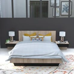 Le Quai Des Affaires Lit COOL 140x190 Cm + 2 Chevets + Sommier / Noir & Chêne Blanchi -Talamo Magasin lit cool 140x190 cm 2 chevets sommier noir et chene blanchi 10453010 27058176 1140x1140