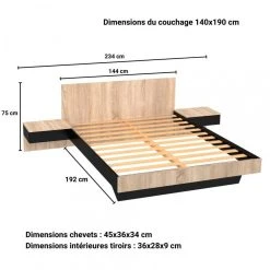 Le Quai Des Affaires Lit COOL 140x190 Cm + 2 Chevets + Sommier / Noir & Chêne Blanchi -Talamo Magasin lit cool 140x190 cm 2 chevets sommier noir et chene blanchi 10453010 27058178 1140x1140
