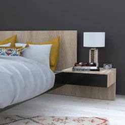 Le Quai Des Affaires Lit COOL 140x190 Cm + 2 Chevets + Sommier / Noir & Chêne Blanchi -Talamo Magasin lit cool 140x190 cm 2 chevets sommier noir et chene blanchi 10453010 27058180 1140x1140