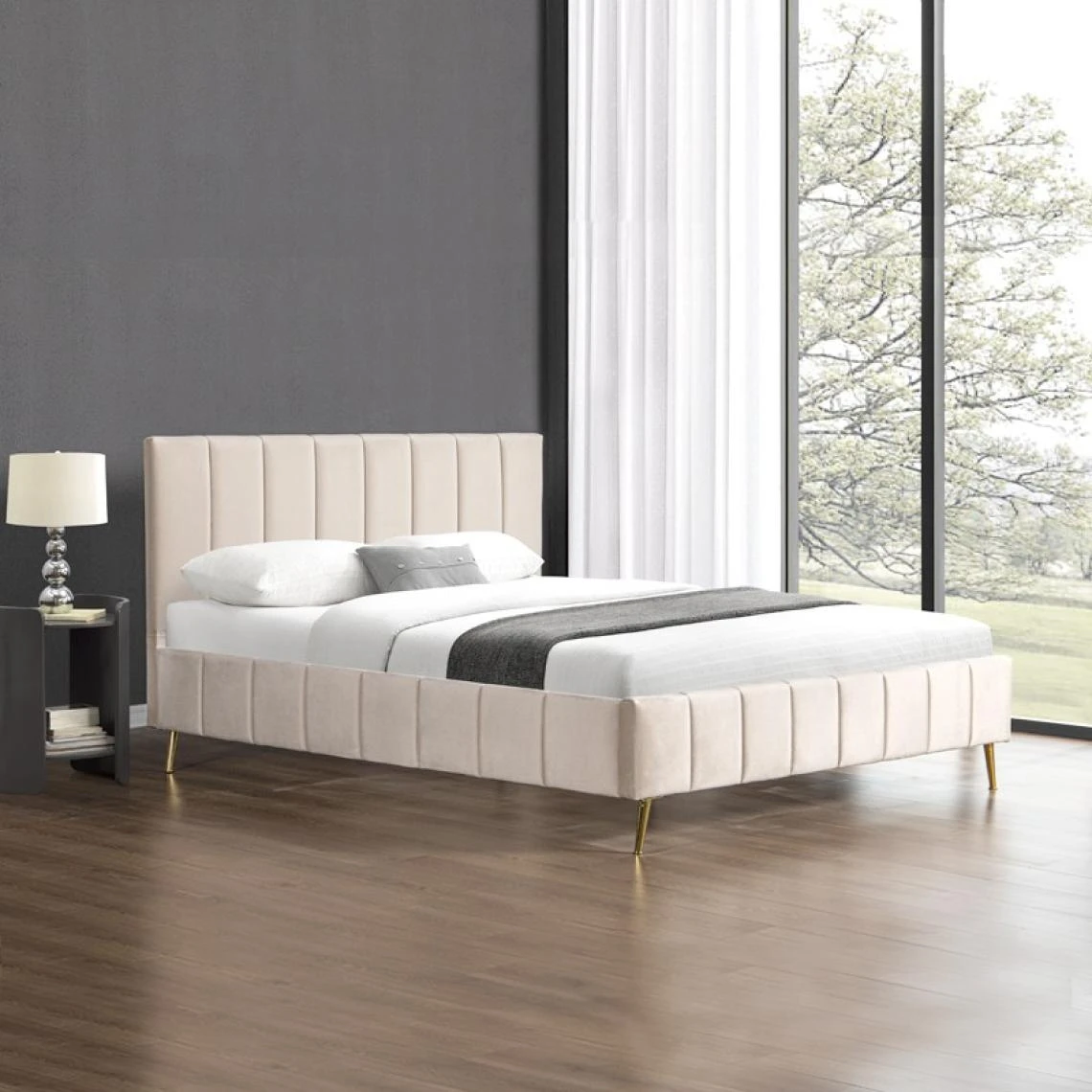 Meubler Design Lit Design Sommier Velours Pied Or Auster - Velours Beige - 180x200 3 Meubler Design Lit Design Sommier Velours Pied Or Auster - Velours Beige - 180x200