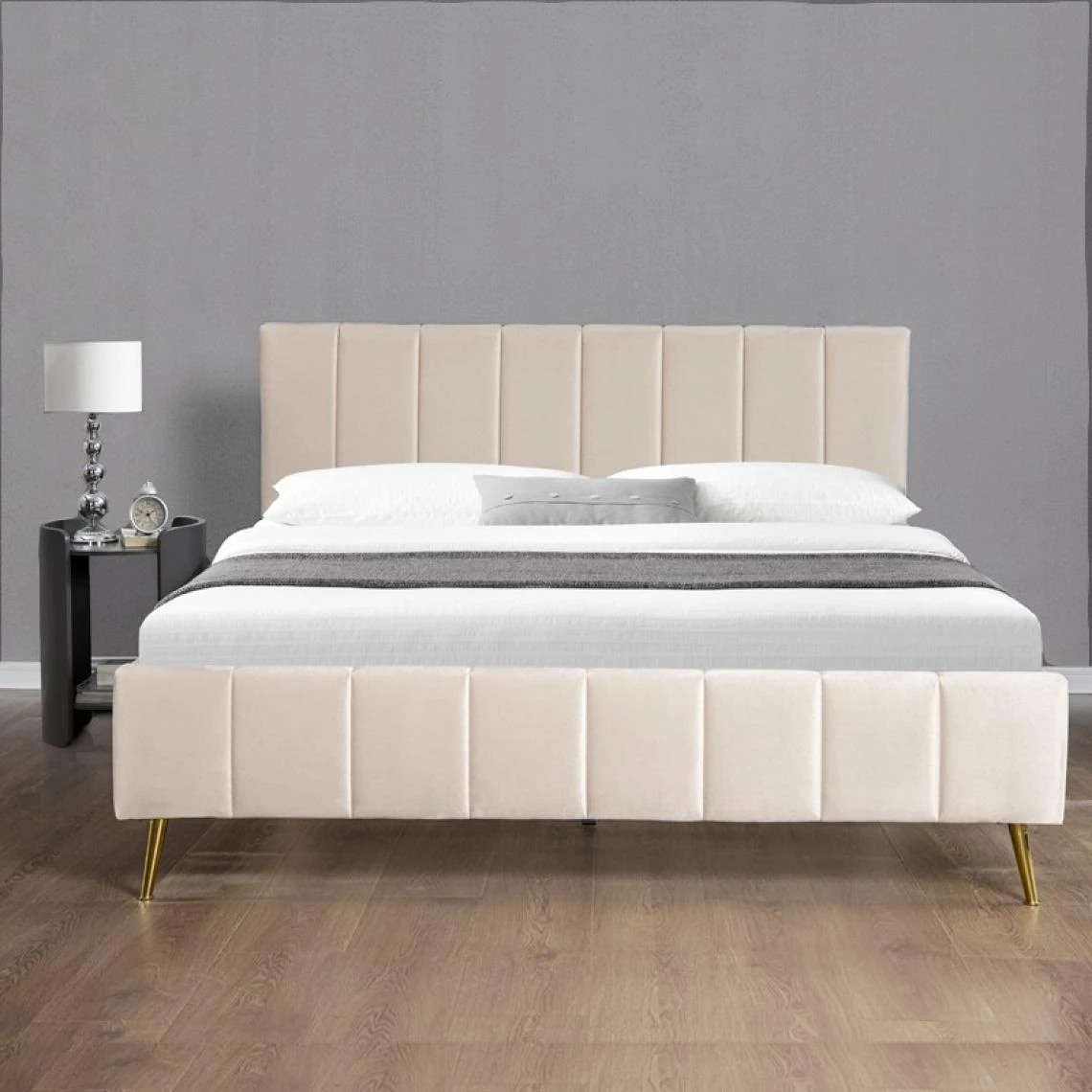 Meubler Design Lit Design Sommier Velours Pied Or Auster - Velours Beige - 180x200 5 Meubler Design Lit Design Sommier Velours Pied Or Auster - Velours Beige - 180x200 – Image 3