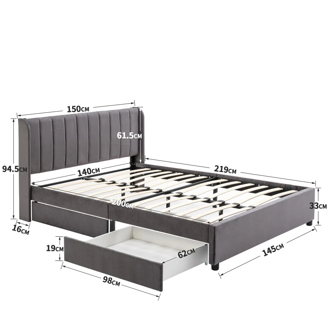 Marque Generique Lit Double Avec Tête De Lit Et 2 Tiroirs Pour Adulte Enfants 140x200 ... 7 Marque Generique Lit Double Avec Tête De Lit Et 2 Tiroirs Pour Adulte Enfants 140x200 ... – Image 5