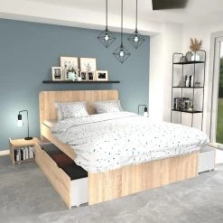 Le Quai Des Affaires Lit Double ZENIA 140x190 + 2 Chevets + 2 Tiroirs / Chêne Blanchi