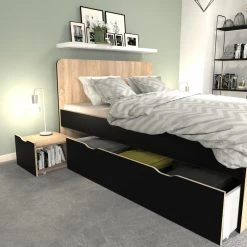 Le Quai Des Affaires Lit Double ZENIA 140x190 + 2 Chevets + 2 Tiroirs / Chêne Blanchi & No... -Talamo Magasin lit double zenia 140x190 2 chevets 2 tiroirs chene blanchi et noir 12039854 31909574 1140x1140