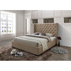 Vente-unique Lit Avec TĂȘte De Lit CapitonnĂ©e - 160 X 200 Cm - Tissu - Beige - MAS...