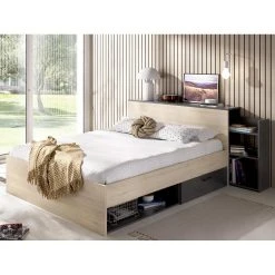 Vente-unique Lit Avec Tête De Lit Rangements Et Tiroirs 140 X 190 Cm - Coloris : N...
