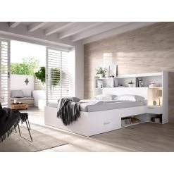 Vente-unique Lit Avec Rangements Et Chevets Intégrés 140 X 190 Cm - Blanc - KEVIN
