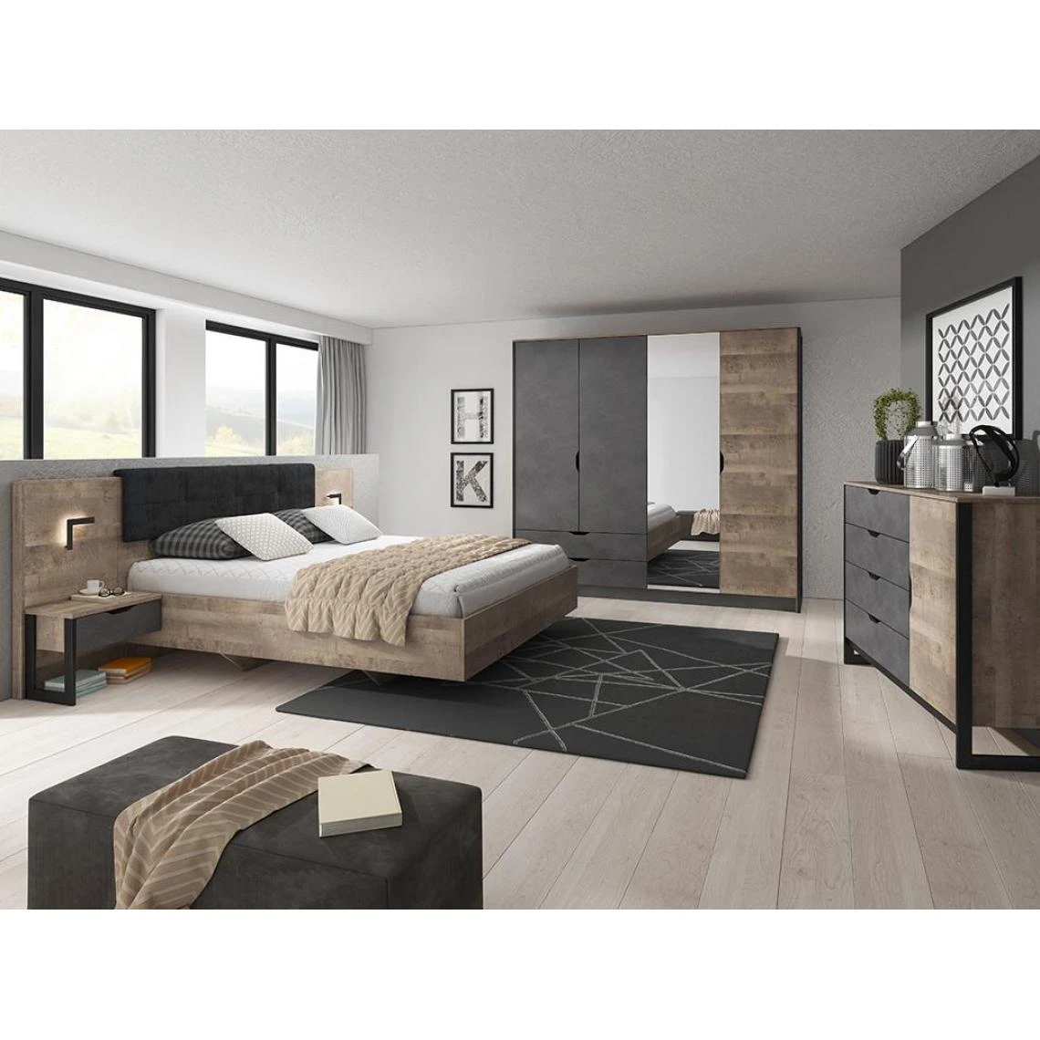 Vente-unique Lit Avec Chevets 160 X 200 Cm - Avec LEDs - Coloris : Naturel Et Anthr... 4 Vente-unique Lit Avec Chevets 160 X 200 Cm - Avec LEDs - Coloris : Naturel Et Anthr... – Image 2