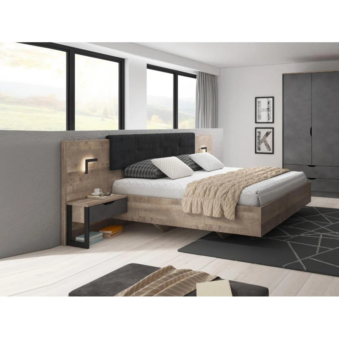 Vente-unique Lit Avec Chevets 160 X 200 Cm - Avec LEDs - Coloris : Naturel Et Anthr... 5 Vente-unique Lit Avec Chevets 160 X 200 Cm - Avec LEDs - Coloris : Naturel Et Anthr... – Image 3