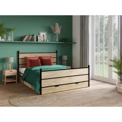 BUT Lit 160x200cm Avec Rangements MAYDO Imitation Chêne Et Noir -Talamo Magasin lit rangement 160x200 cm avec 3 grands tiroirs maydo imitation chene et noir 10170188 26170074 1140x1140