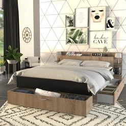 Le Quai Des Affaires Lit SAMBA 140x190cm + Tête De Lit + 2 Tiroirs / Noir & Chêne Blanchi