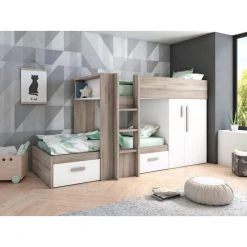 BUT Lit Superposé 2 X 90 X 190 Cm LUPY 2 Imitation Chêne Et Blanc -Talamo Magasin lit superpose 2 x 90 x 190 cm lupy 2 imitation chene et blanc 12407154 33075450 1140x1140