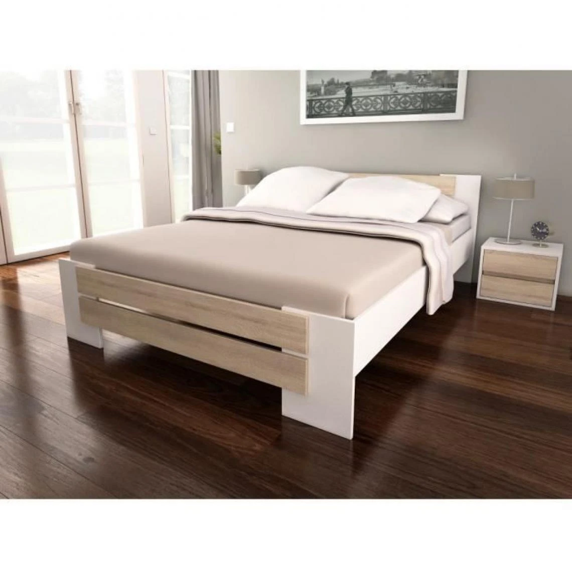 SANS MARQUE MAO Lit Adulte Contemporain Melamine Blanc Et Decor Chene Clair - L 14... 3 SANS MARQUE MAO Lit Adulte Contemporain Melamine Blanc Et Decor Chene Clair - L 14...