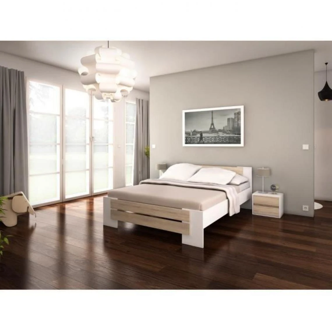 SANS MARQUE MAO Lit Adulte Contemporain Melamine Blanc Et Decor Chene Clair - L 14... 4 SANS MARQUE MAO Lit Adulte Contemporain Melamine Blanc Et Decor Chene Clair - L 14... – Image 2