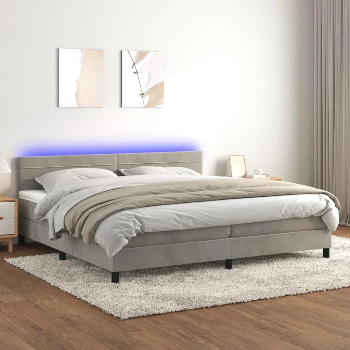 VidaXL Sommier Tapissier Matelas Et LED Gris Clair 200x200 Cm Velours 3 VidaXL Sommier Tapissier Matelas Et LED Gris Clair 200x200 Cm Velours