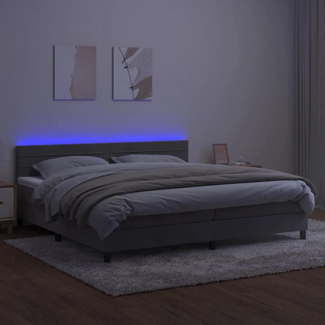 VidaXL Sommier Tapissier Matelas Et LED Gris Clair 200x200 Cm Velours 5 VidaXL Sommier Tapissier Matelas Et LED Gris Clair 200x200 Cm Velours – Image 3